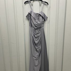 Audrey Hepburn inspired, satin/silky, nickel silver, floor length, gown